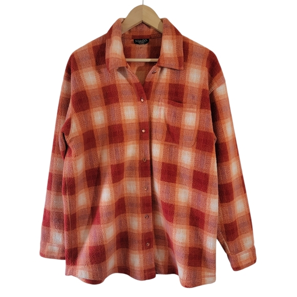 NY & CO Orange Snap Button Shacket Sz M Pocket Sherpa Fall Cowgirl Minimalist - Picture 12 of 13